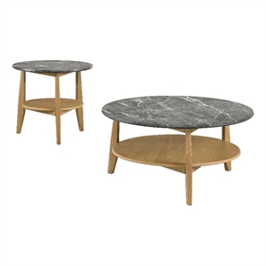 Pemberly Row 2-Piece Round Wood Coffee Table Set in Gray/Natural