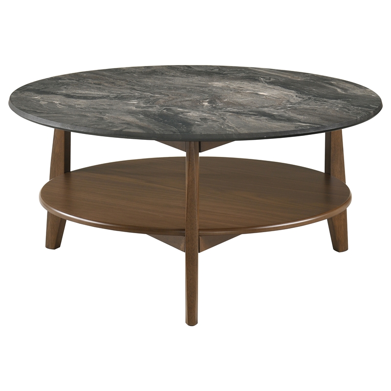Pemberly Row Round SmartTop Wood Coffee Table in Smokey Gray/Dark Brown