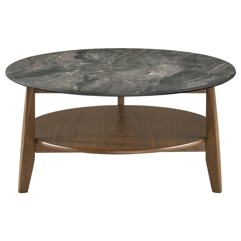 Pemberly Row Round SmartTop Wood Coffee Table in Smokey Gray/Dark Brown