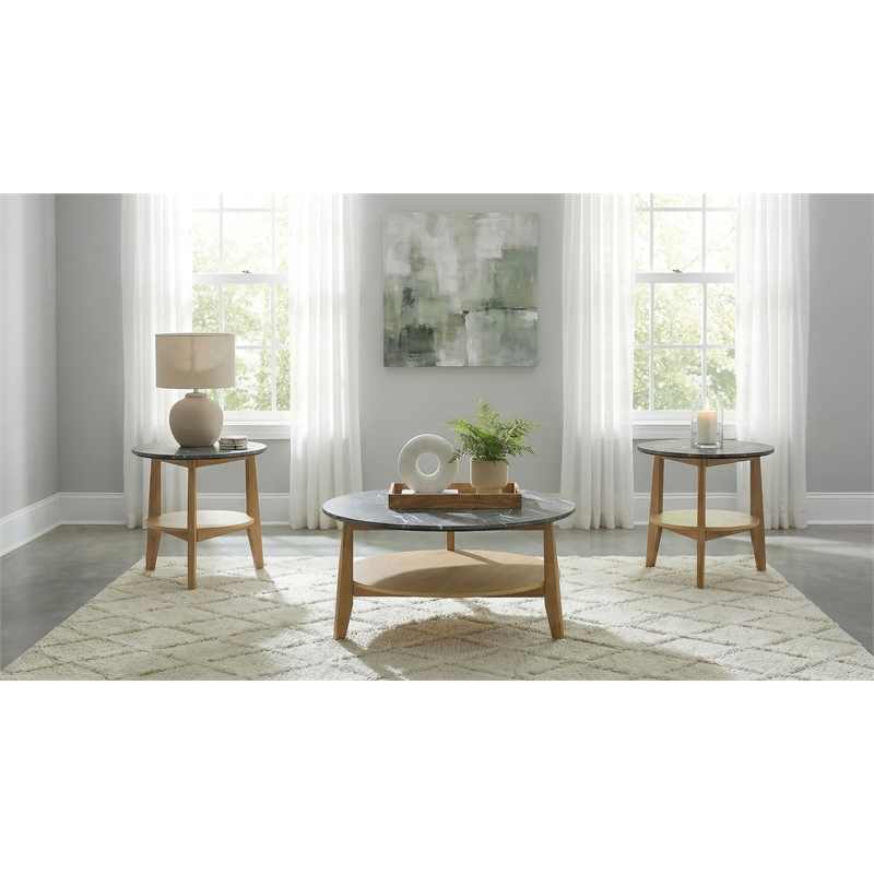 Pemberly Row 3-Piece Round Wood Coffee Table Set in Gray/Natural