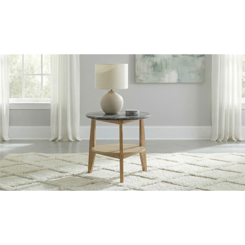 Pemberly Row Round SmartTop Wood End Side Table in Gray/Natural