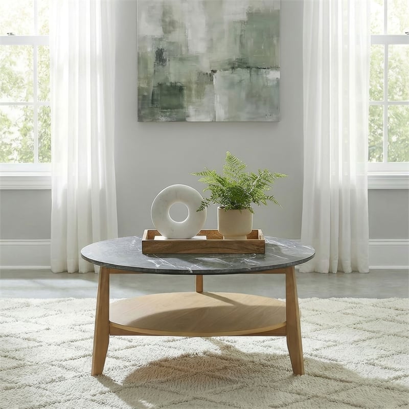 Pemberly Row Round SmartTop Wood Coffee Table in Gray/Natural