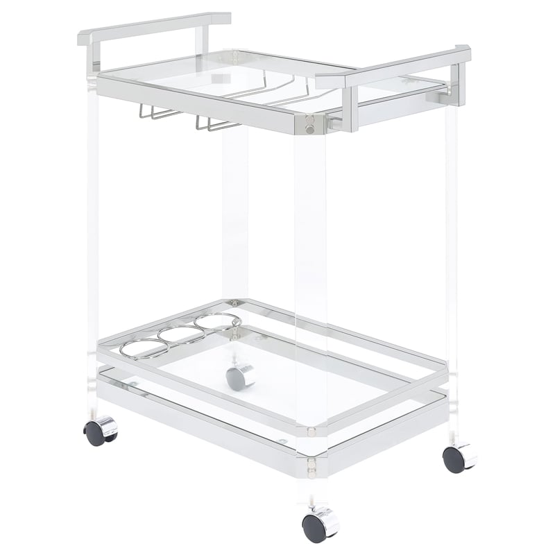 Pemberly Row 2-Tier Glass Shelf Acrylic Bar Serving Cart in Chrome