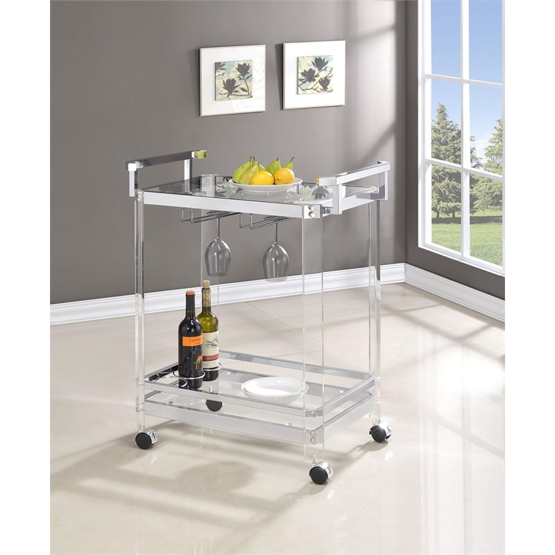Pemberly Row 2-Tier Glass Shelf Acrylic Bar Serving Cart in Chrome