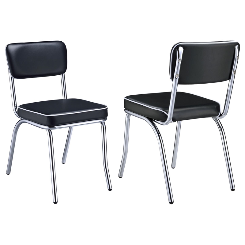 Pemberly Row Set of 2 Upholstered Chrome Frame Dining Side Chairs in Black