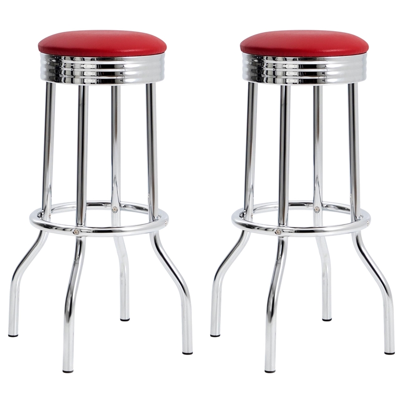Pemberly Row Set of 2 Upholstered Metal Swivel Bar Stools in Red