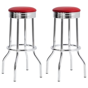 Pemberly Row Set of 2 Upholstered Metal Swivel Bar Stools in Red