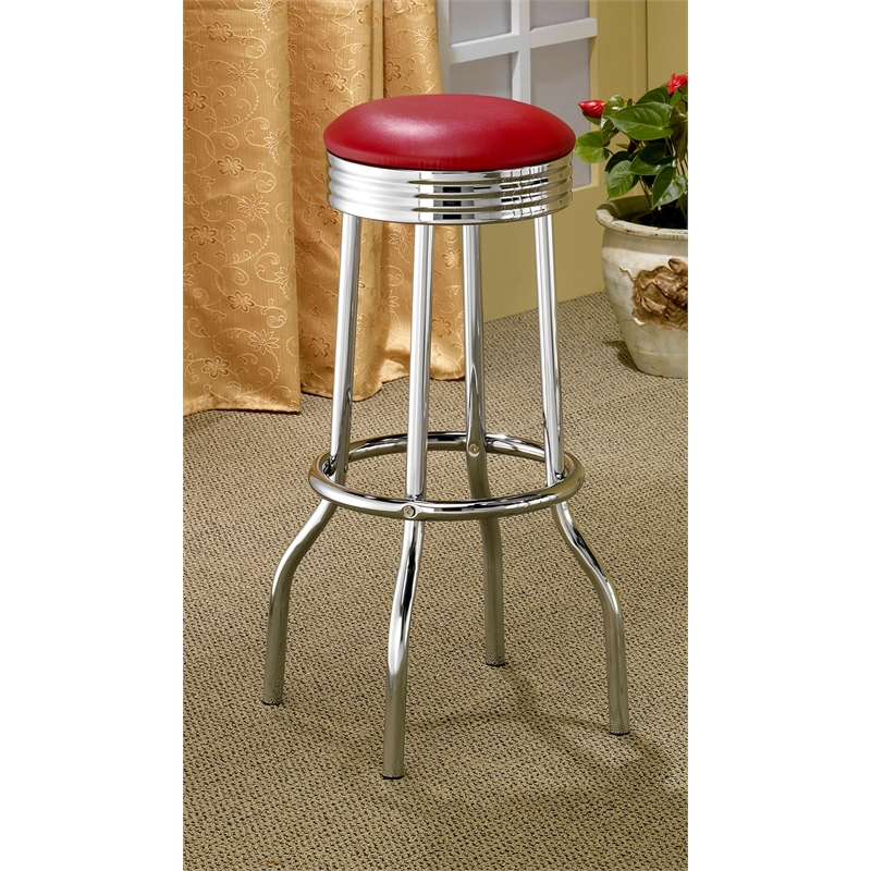 Pemberly Row Set of 2 Upholstered Metal Swivel Bar Stools in Red