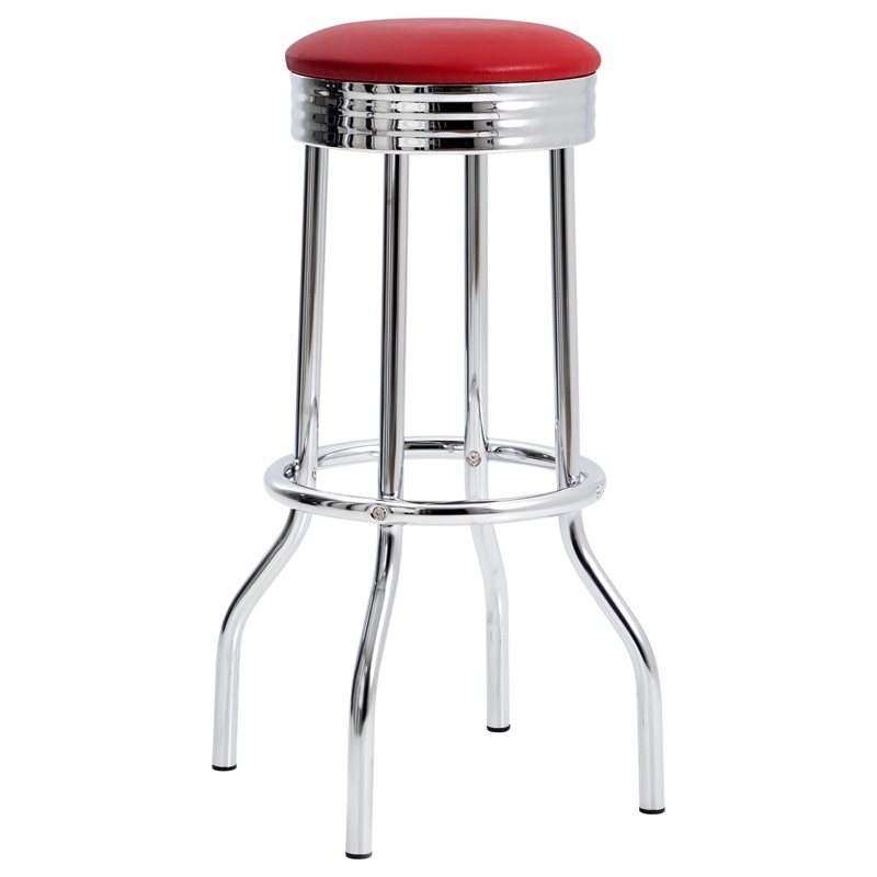 Pemberly Row Set of 2 Upholstered Metal Swivel Bar Stools in Red