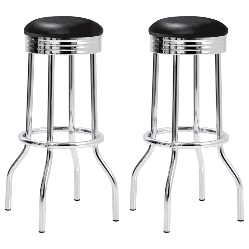 Pemberly Row Upholstered Metal 360-Degree Swivel Bar Stool in Black