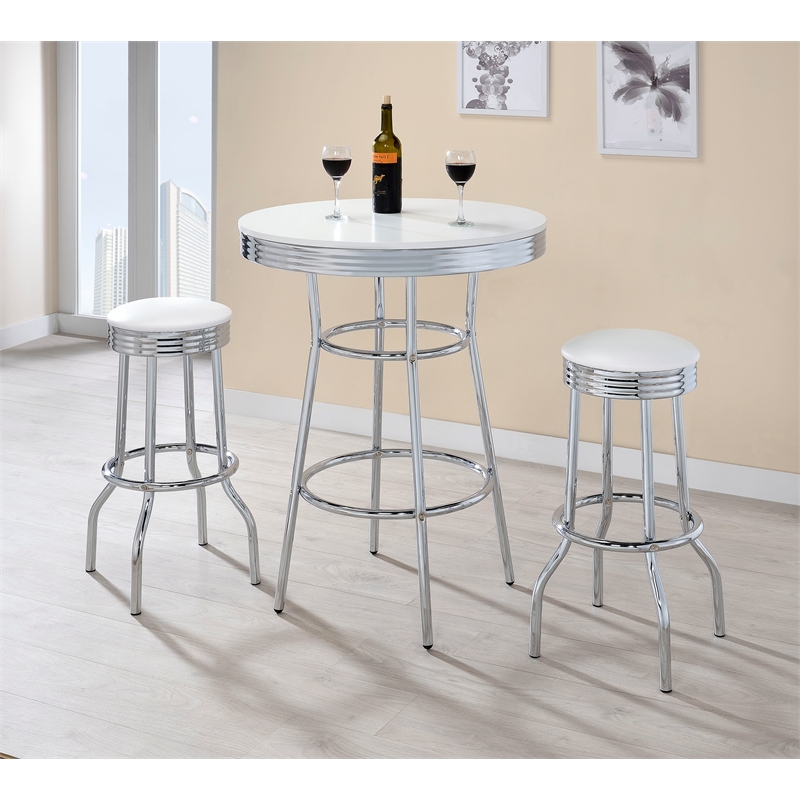 Pemberly Row 3-Piece Round 1950s Bistro Pub Bar Table Set in White