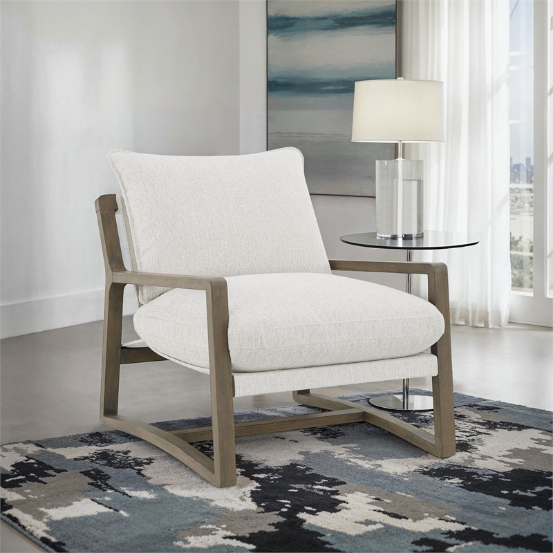 Pemberly Row Boucle Upholstered Wood Arm Accent Chair in Sand