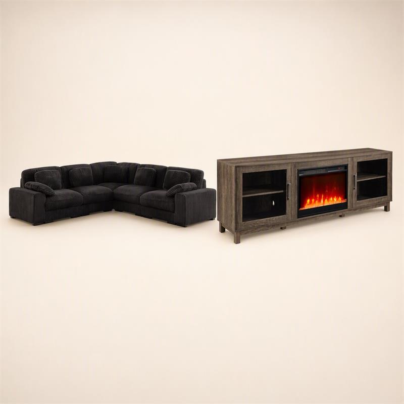 Pemberly Row 2-Piece Set of L-Shape Sectional Sofa & TV Stand with Fireplace