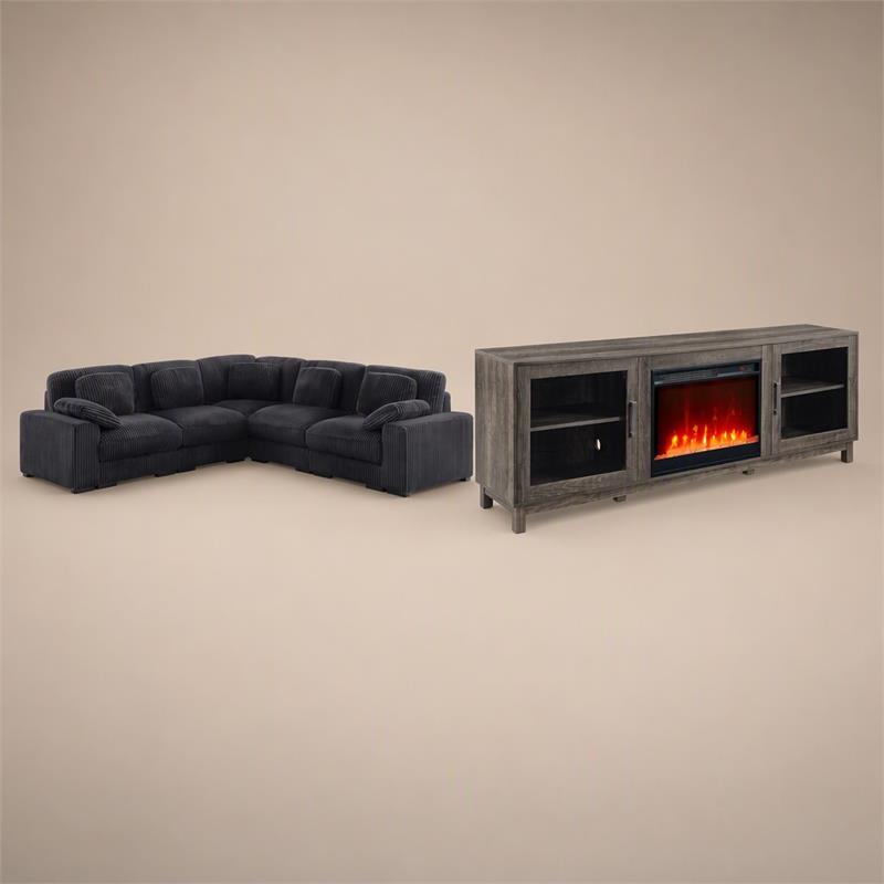 Pemberly Row 2-Piece Set of L-Shape Sectional Sofa & TV Stand with Fireplace