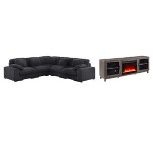 Pemberly Row 2-Piece Set of L-Shape Sectional Sofa & TV Stand with Fireplace
