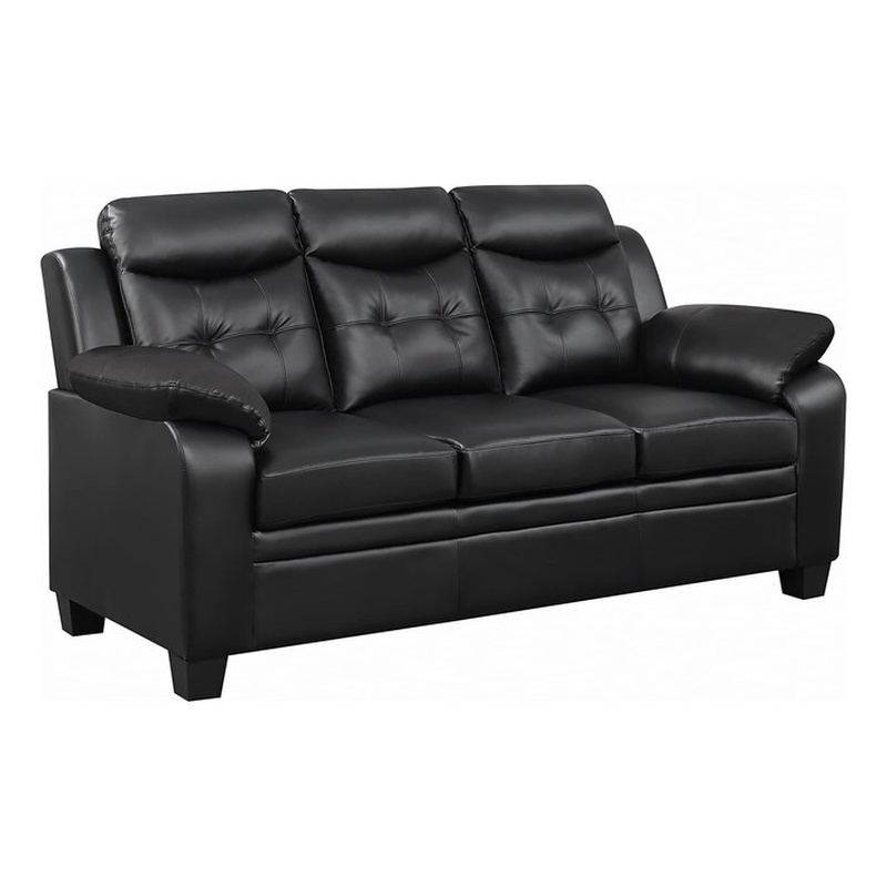 Pemberly Row Upholstered Padded Arm Tufted Leatherette Sofa in Black
