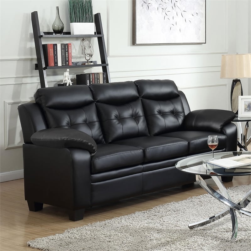 Pemberly Row Upholstered Padded Arm Tufted Leatherette Sofa in Black
