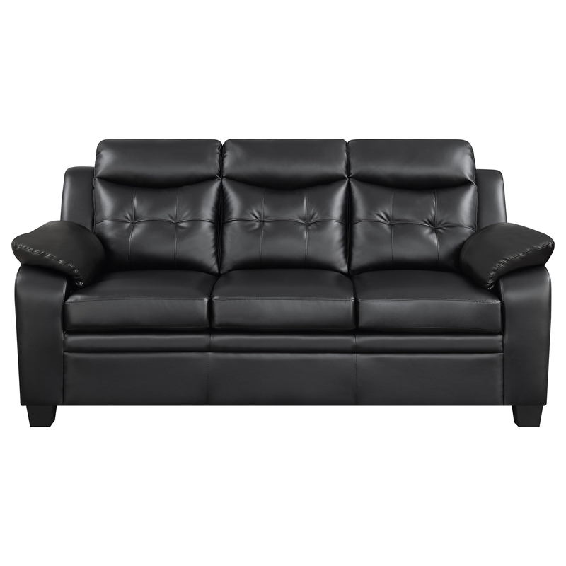 Pemberly Row Upholstered Padded Arm Tufted Leatherette Sofa in Black
