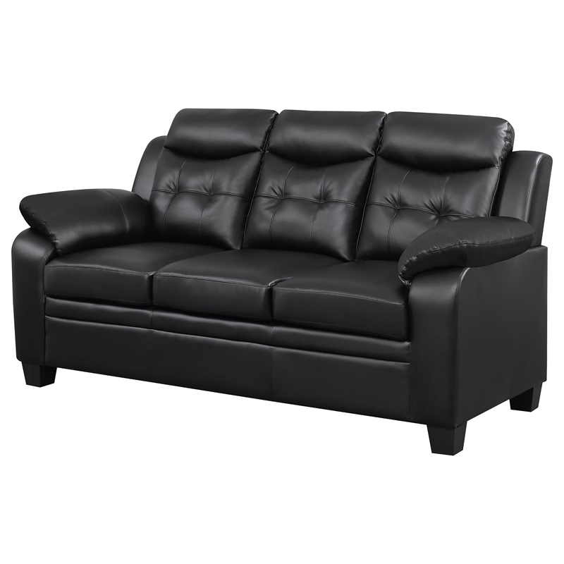 Pemberly Row Upholstered Padded Arm Tufted Leatherette Sofa in Black