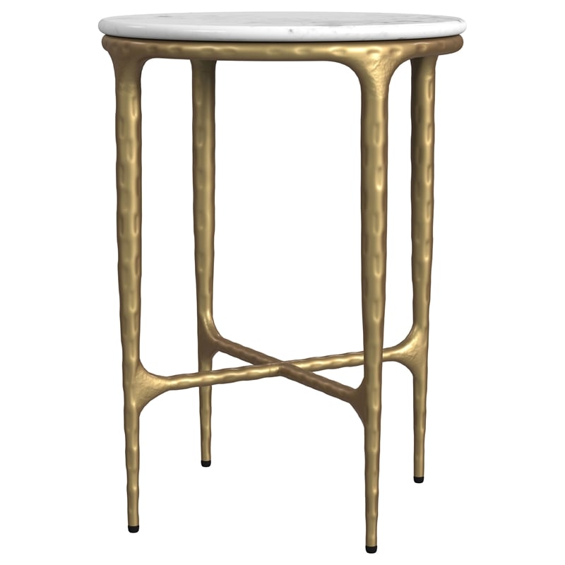 Pemberly Row Round Genuine Marble Top Side Table in White and Gold