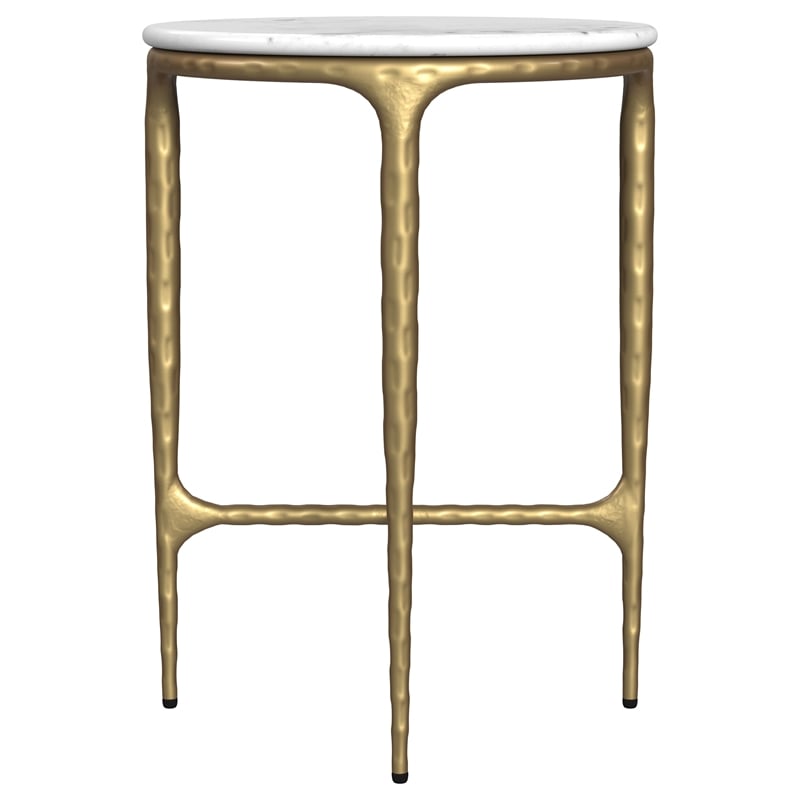 Pemberly Row Round Genuine Marble Top Side Table in White and Gold
