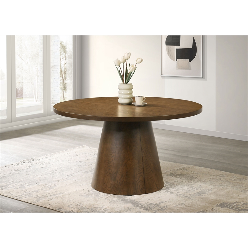 Pemberly Row Round Pedestal Mid-Century Wood Dining Table in Dark Brown