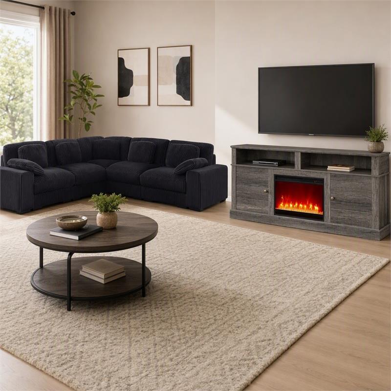 Pemberly Row 2Pc Set of Modular Sectional Sofa and TV Stand with Fireplace