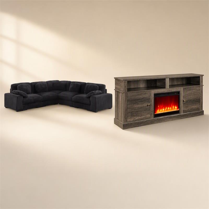 Pemberly Row 2Pc Set of Modular Sectional Sofa and TV Stand with Fireplace