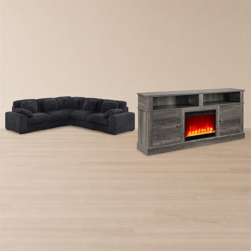 Pemberly Row 2Pc Set of Modular Sectional Sofa and TV Stand with Fireplace