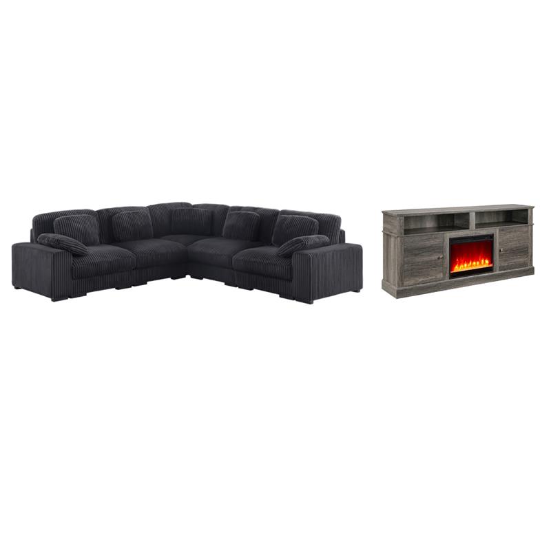 Pemberly Row 2Pc Set of Modular Sectional Sofa and TV Stand with Fireplace
