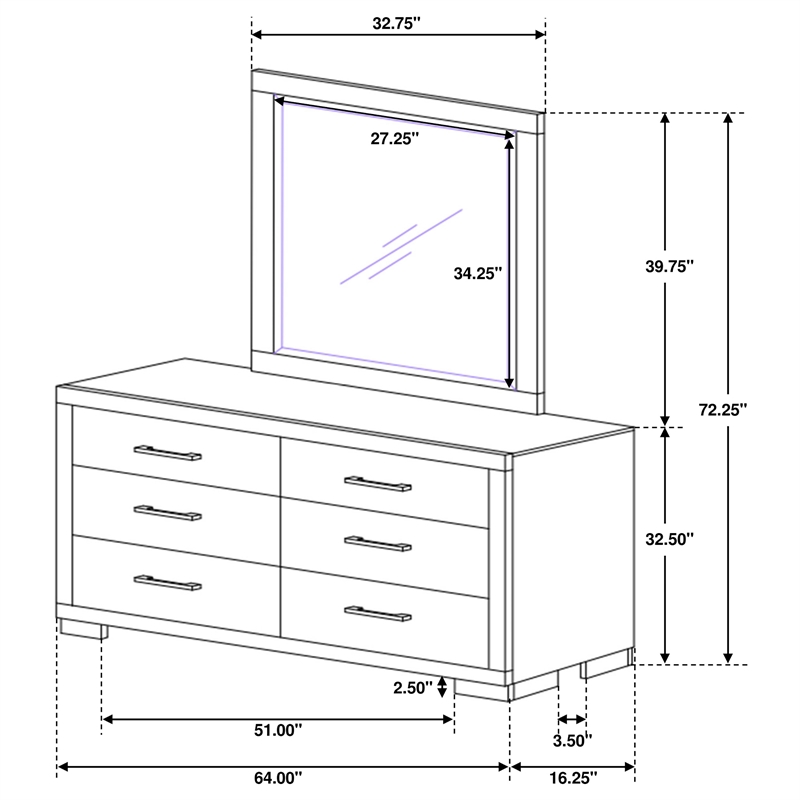Pemberly Row 6-drawer Dresser with Beveled Mirror Set in Cappuccino
