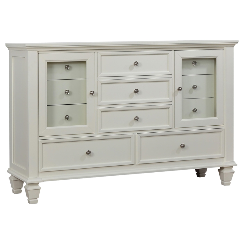 Pemberly Row 11-drawer Dresser with 2 Glass Doors in Cream White
