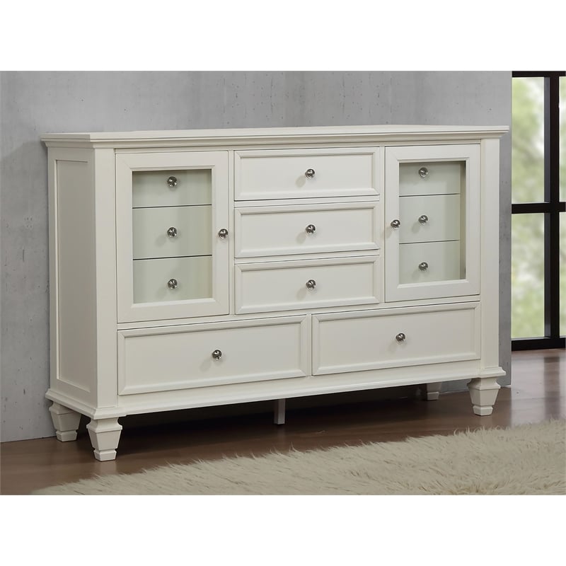 Pemberly Row 11-drawer Dresser with 2 Glass Doors in Cream White