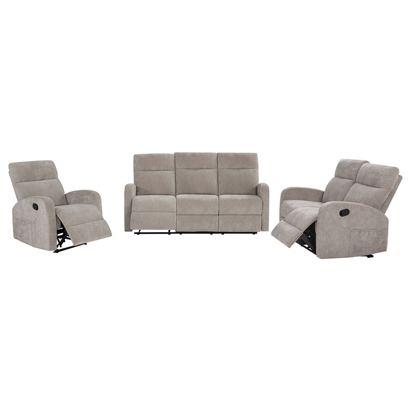 Pemberly Row 3-Piece Chenille Manual Reclining Sofa Set in Sand