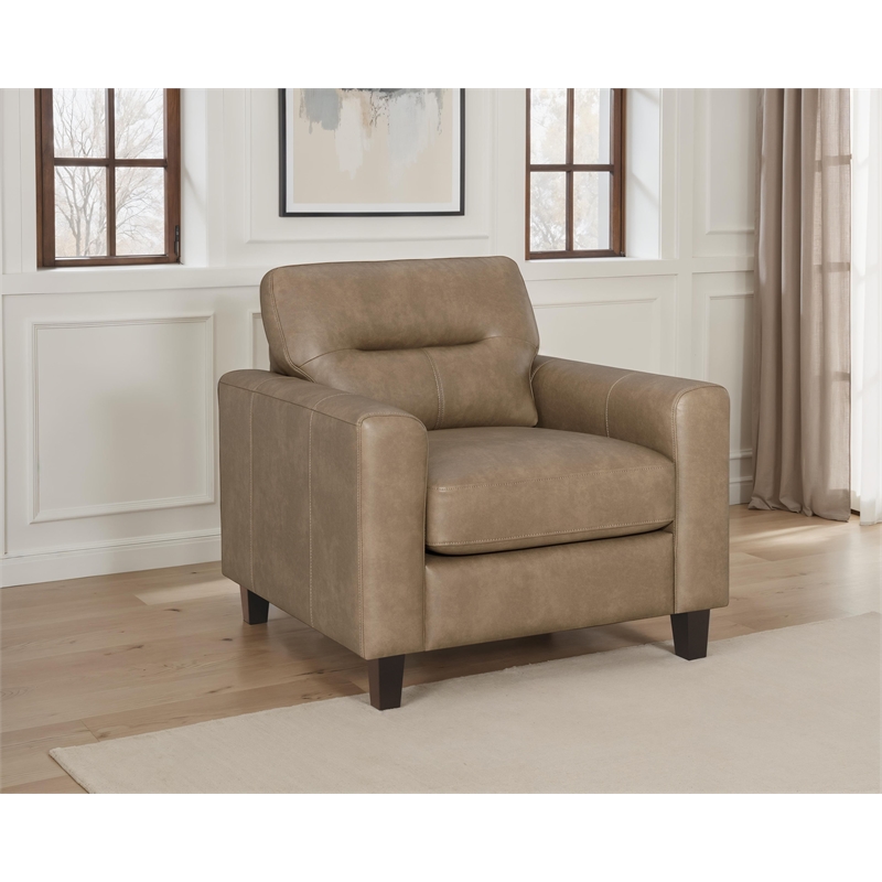 Pemberly Row Faux Leather Upholstered Track Arm Chair in Brown