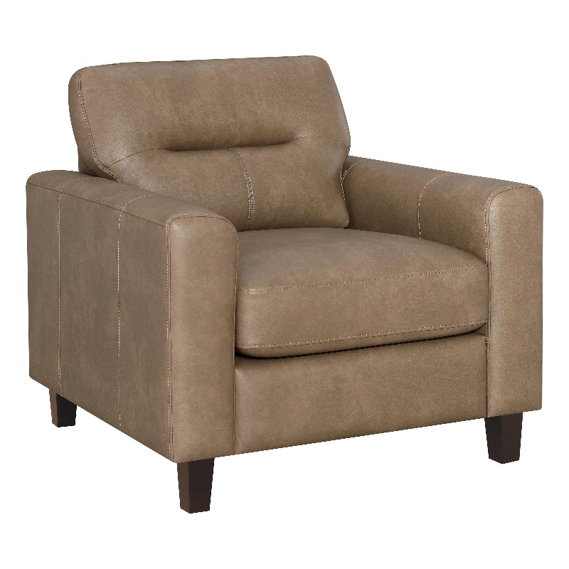 Pemberly Row Faux Leather Upholstered Track Arm Chair in Brown