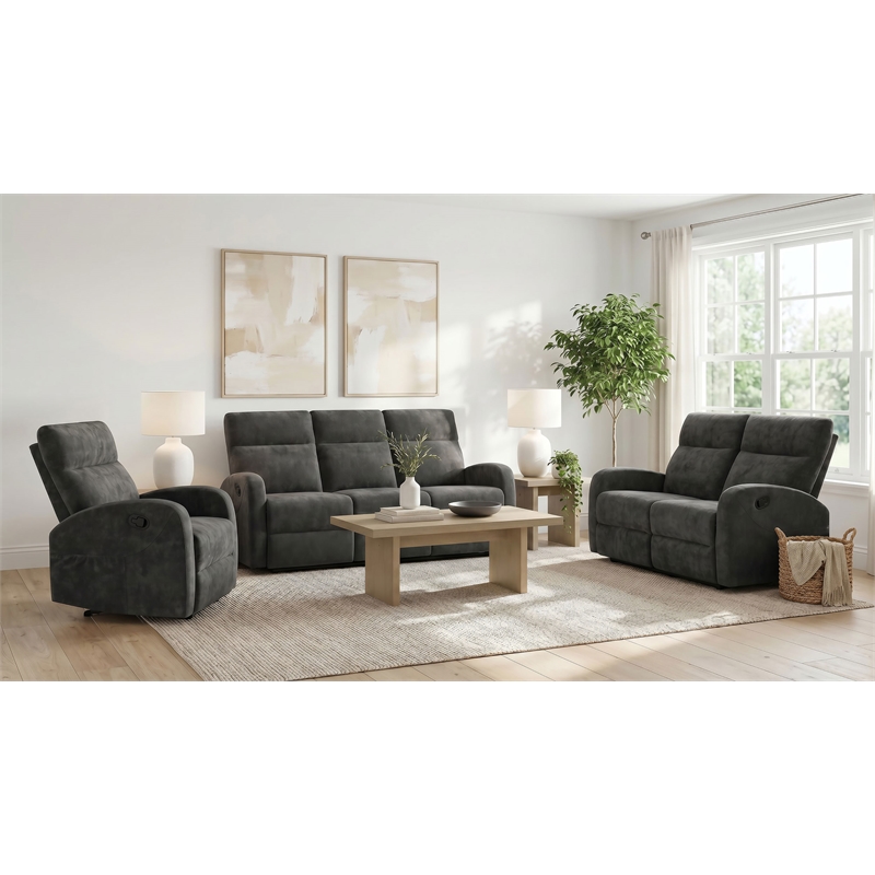 Pemberly Row 3-Piece Chenille Manual Reclining Sofa Set in Charcoal Gray