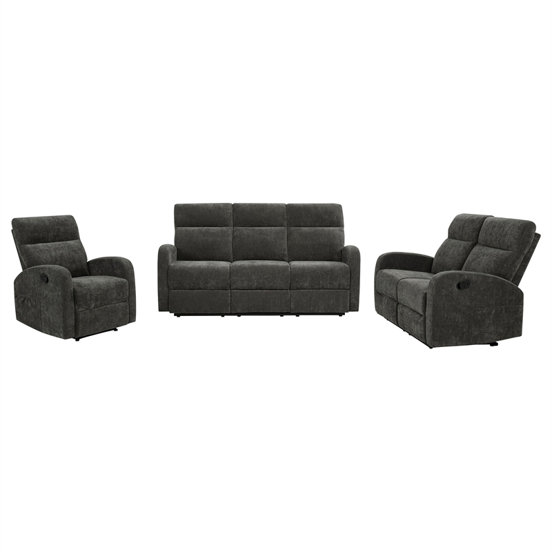 Pemberly Row 3-Piece Chenille Manual Reclining Sofa Set in Charcoal Gray