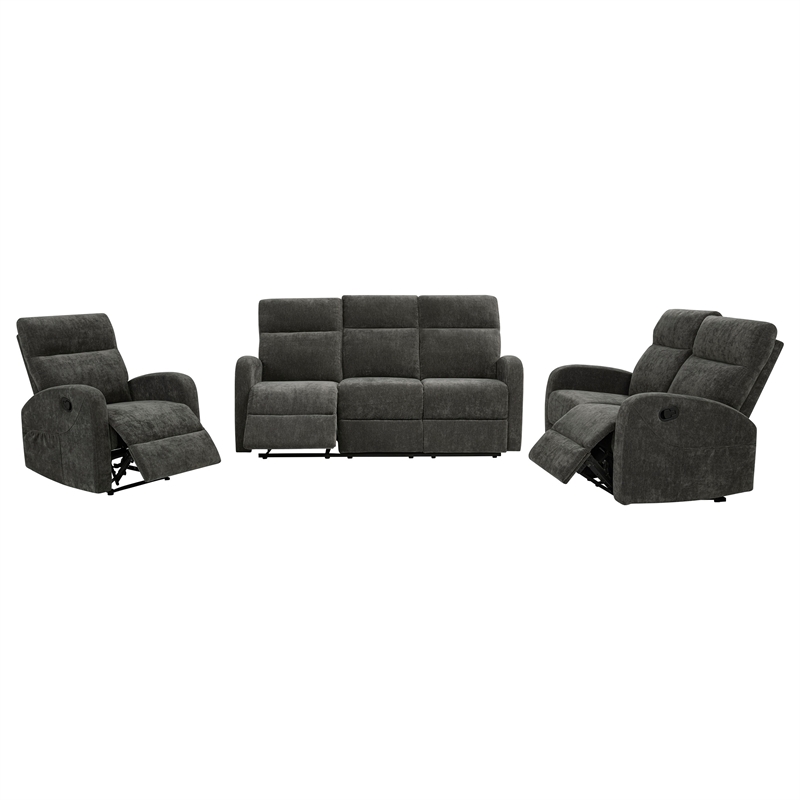 Pemberly Row 3-Piece Chenille Manual Reclining Sofa Set in Charcoal Gray