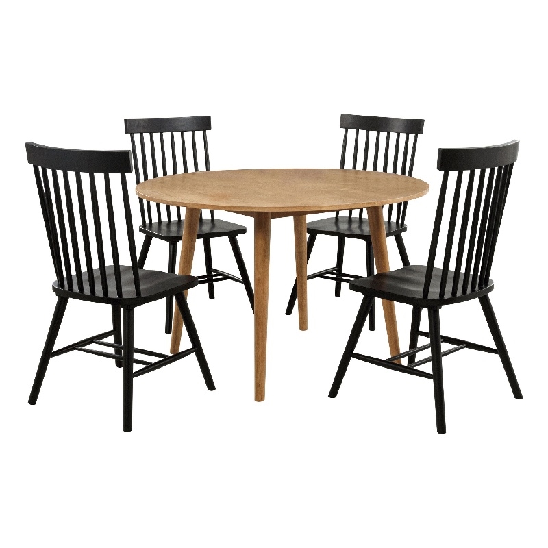 Pemberly Row 5-Piece Round Wood Dining Table Set in Light Ash Brown/Black