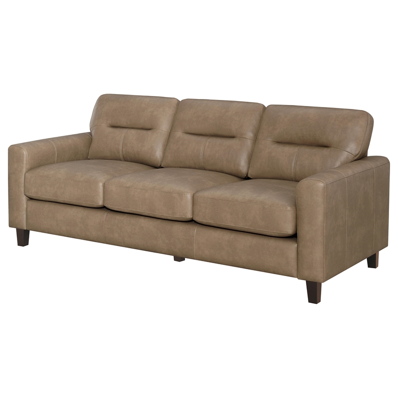 Pemberly Row Faux Leather Upholstered Track Arm Sofa in Brown