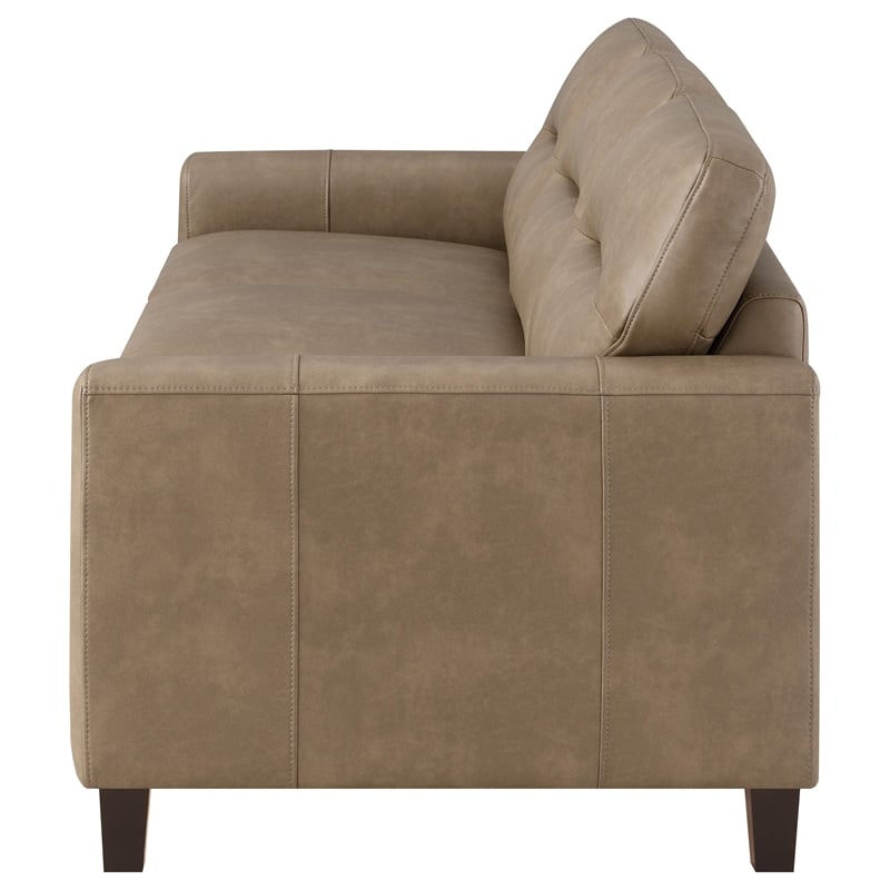 Pemberly Row Faux Leather Upholstered Track Arm Sofa in Brown