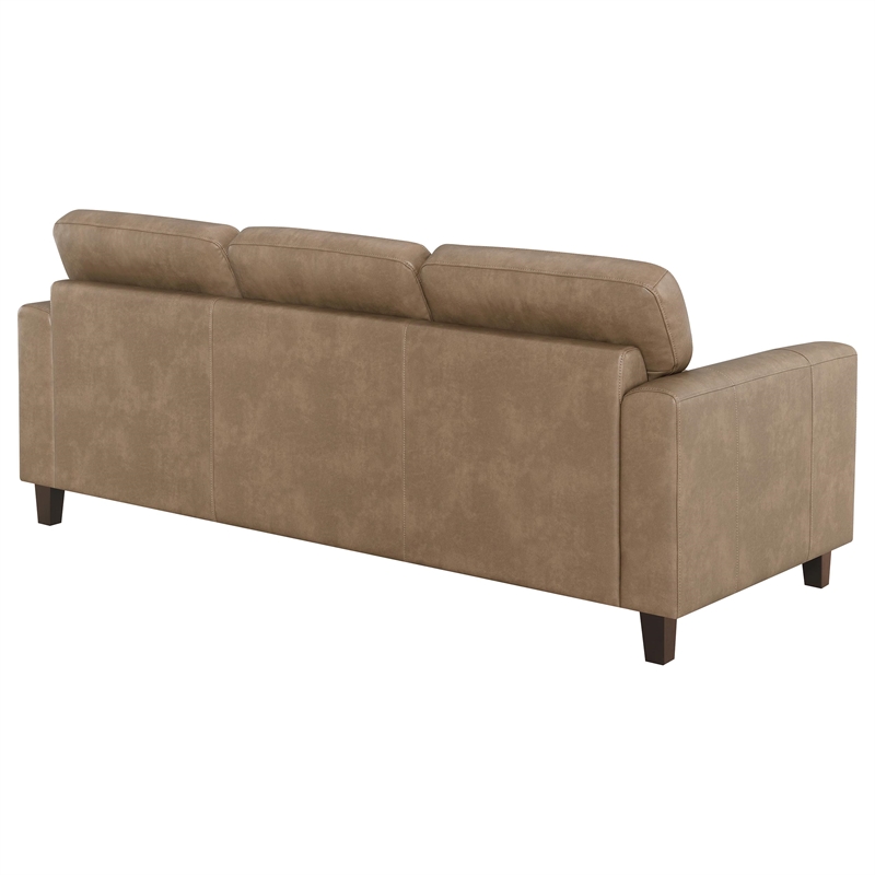 Pemberly Row Faux Leather Upholstered Track Arm Sofa in Brown