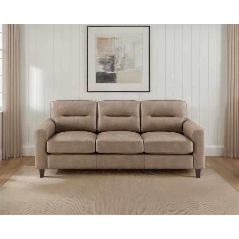Pemberly Row Faux Leather Upholstered Track Arm Sofa in Brown
