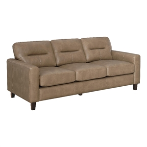 Pemberly Row Faux Leather Upholstered Track Arm Sofa in Brown