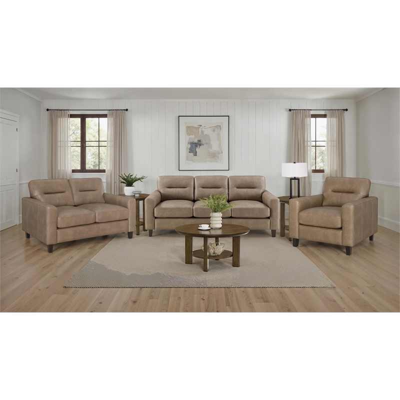 Pemberly Row 3-piece Faux Leather Upholstered Sofa Set in Brown