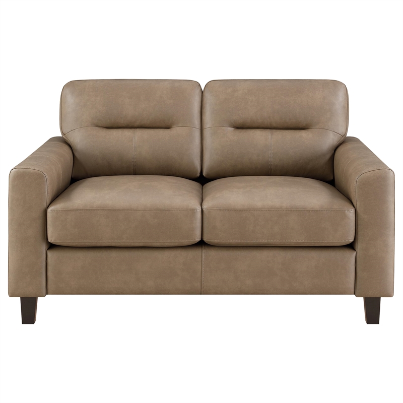 Pemberly Row Faux Leather Upholstered Track Arm Loveseat in Brown