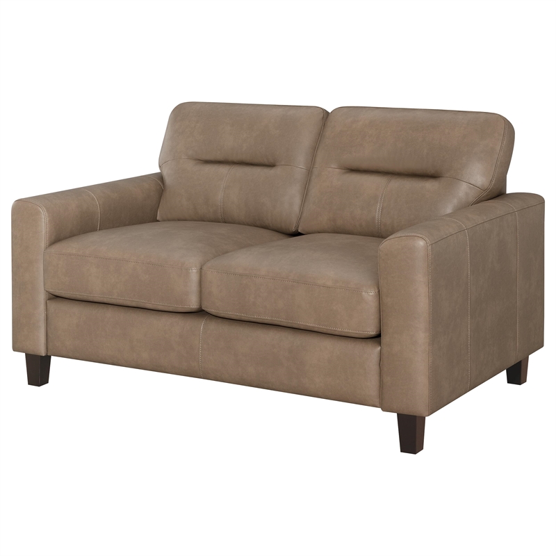 Pemberly Row Faux Leather Upholstered Track Arm Loveseat in Brown