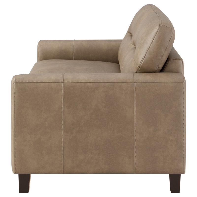 Pemberly Row Faux Leather Upholstered Track Arm Loveseat in Brown