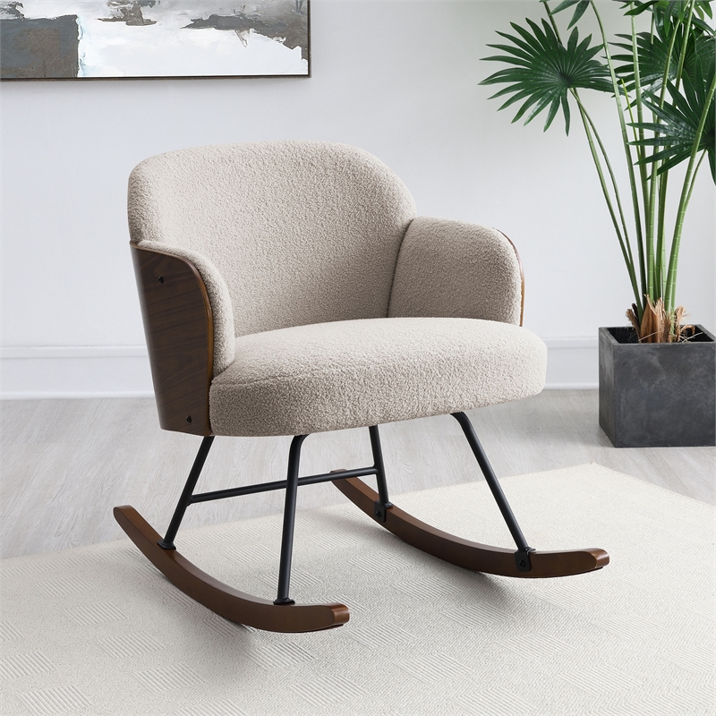Pemberly Row Boucle Upholstered Mid Back Rocking Chair in Beige